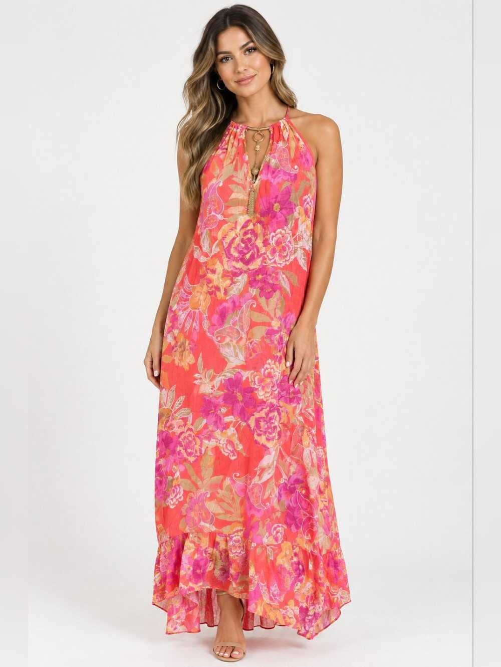 Mlle Gabrielle Coral and Pink Floral Halter Maxi Dress